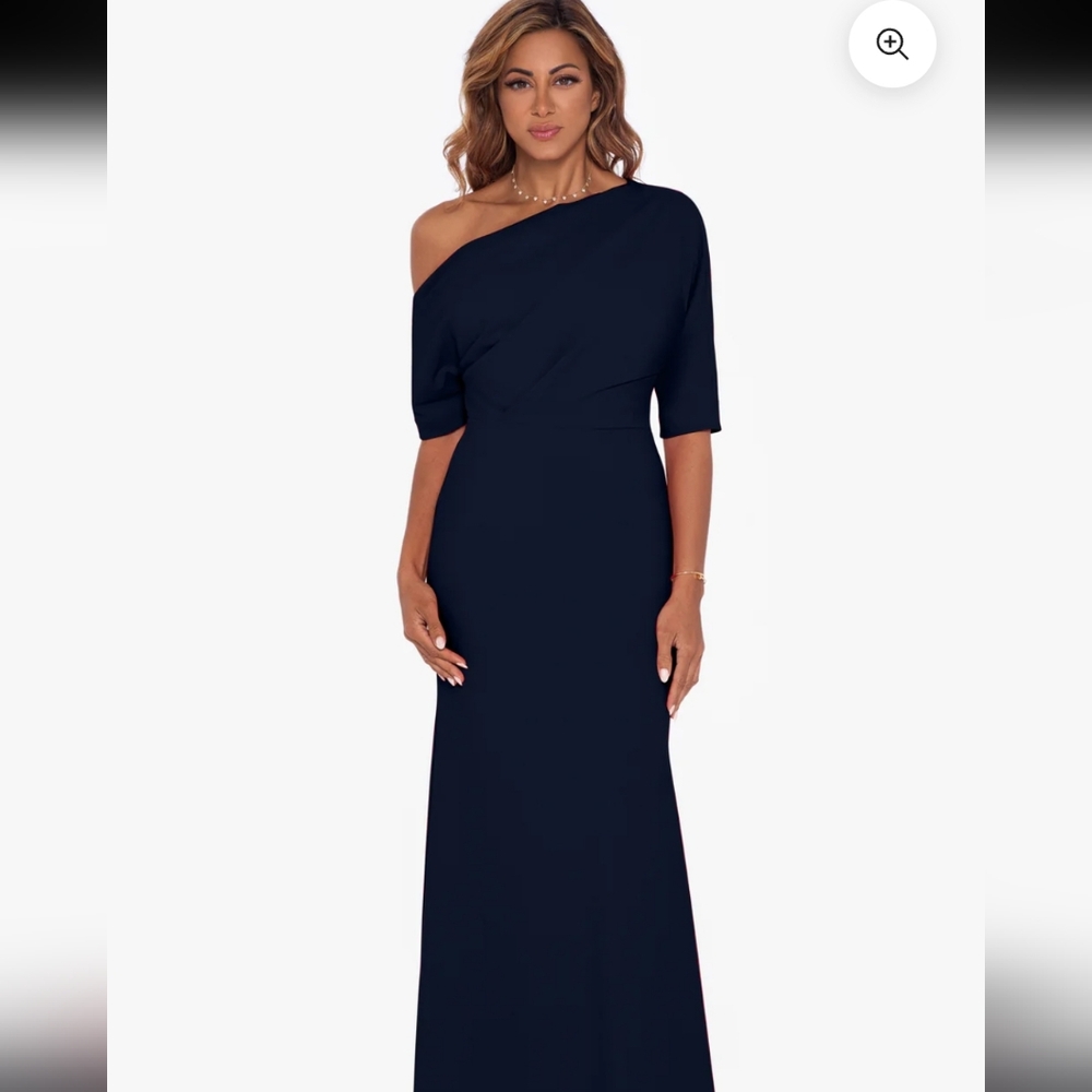 Betsy & Adam Madeline Long Scuba Crepe Off The Shoulder Drop Dress